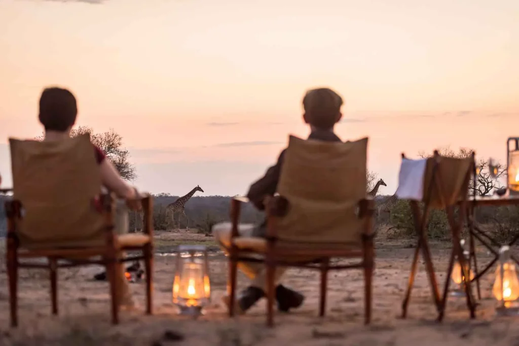 Pessoas sentadas em cadeiras observando girafa ao pôr do sol na savana, com silhuetas contra céu cor de ouro e rosa